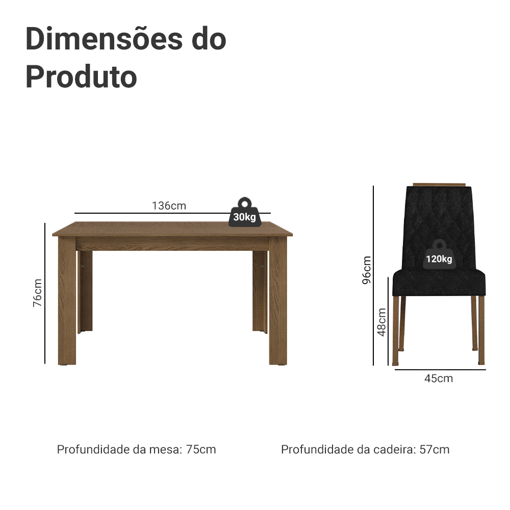 Conjunto Sala de Jantar Tampo de Madeira 4 Cadeiras Rustic/Oxford Hera Madesa