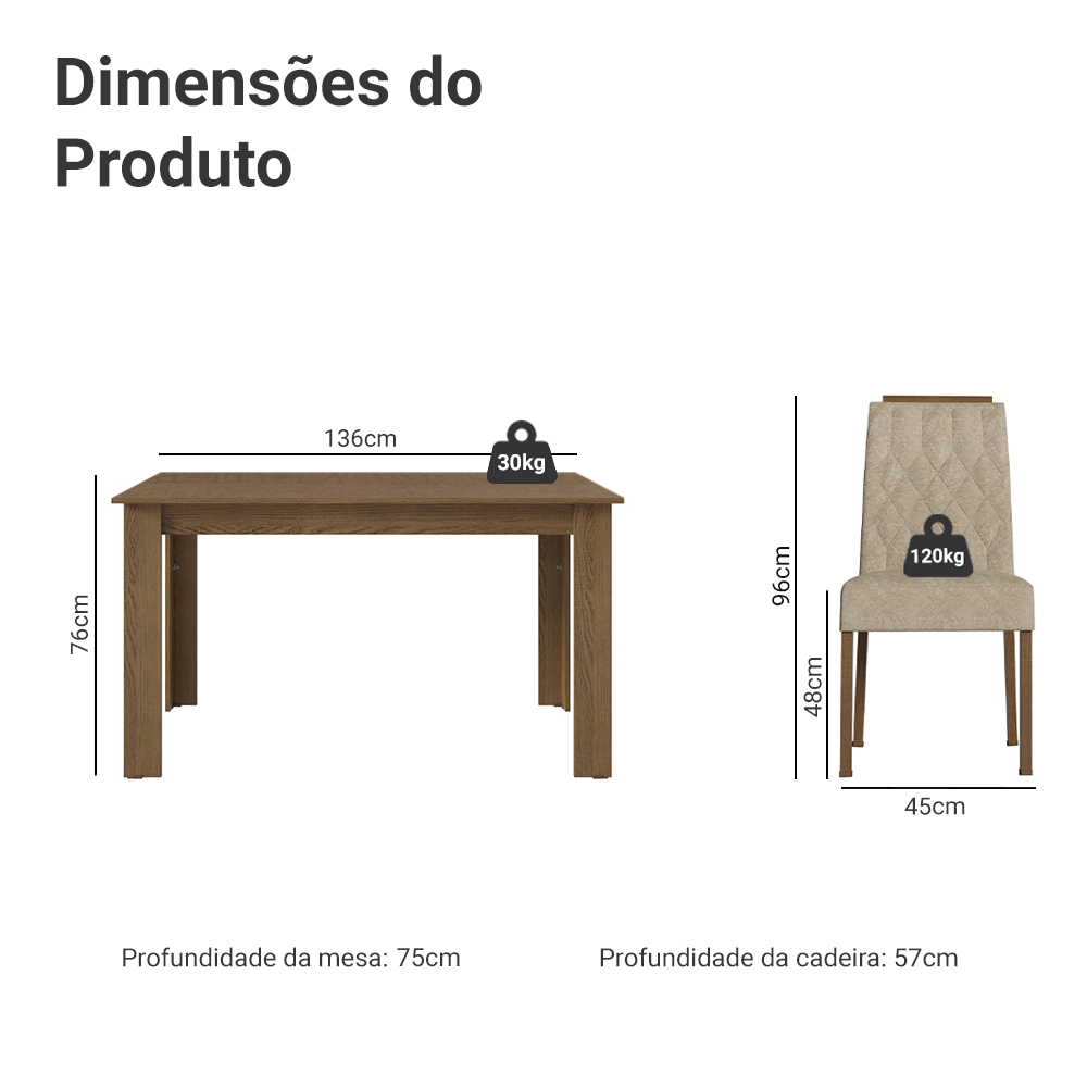 Conjunto Sala de Jantar Tampo de Madeira 4 Cadeiras Rustic/Imperial Hera Madesa