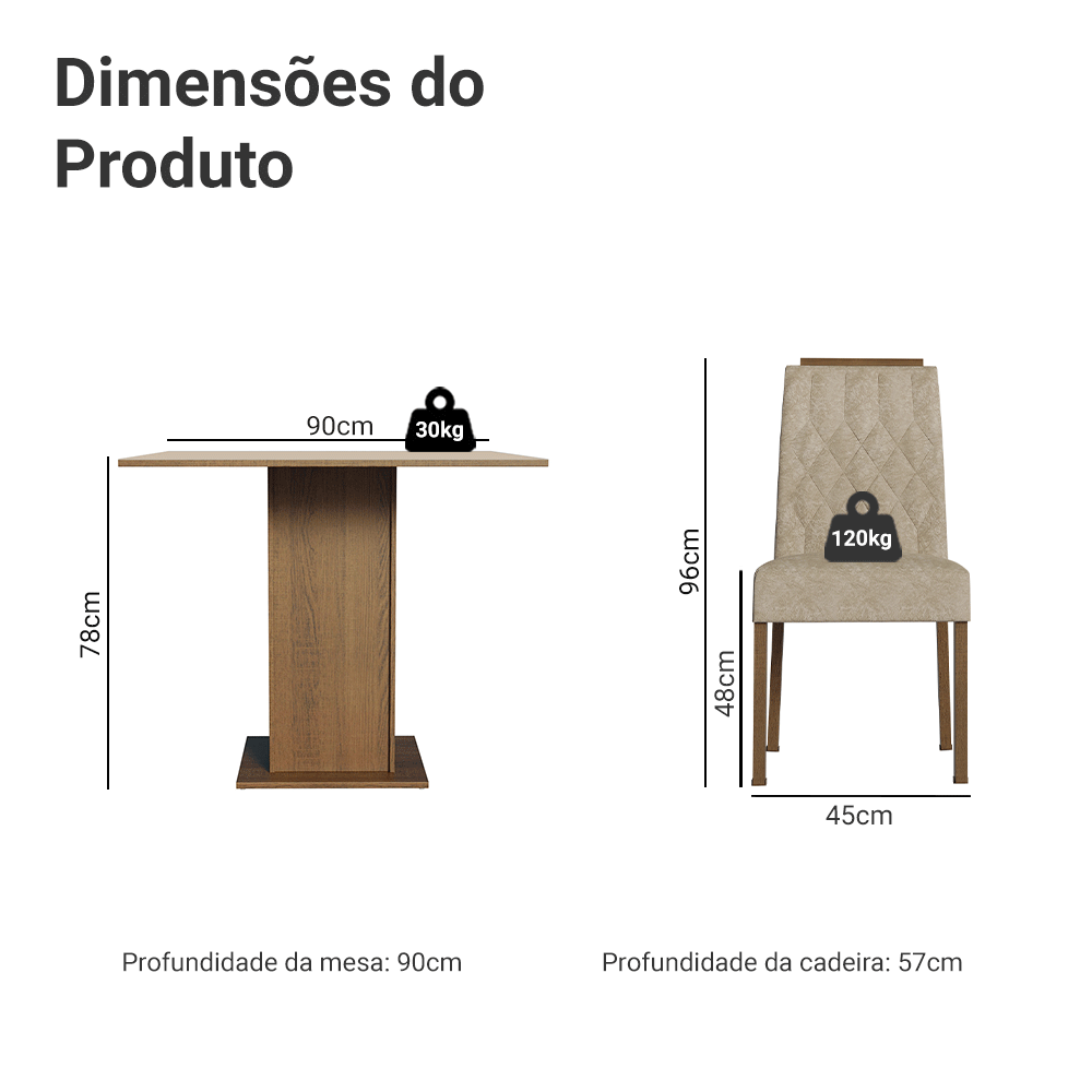 Conjunto Sala de Jantar Tampo de Madeira 4 Cadeiras Rustic/Crema/Imperial Verbena Madesa