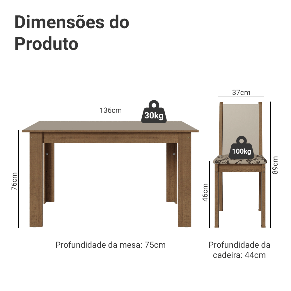 Conjunto Sala de Jantar Alva Mesa Tampo de Madeira 4 Cadeiras Rustic/Crema/Bege Marrom Madesa