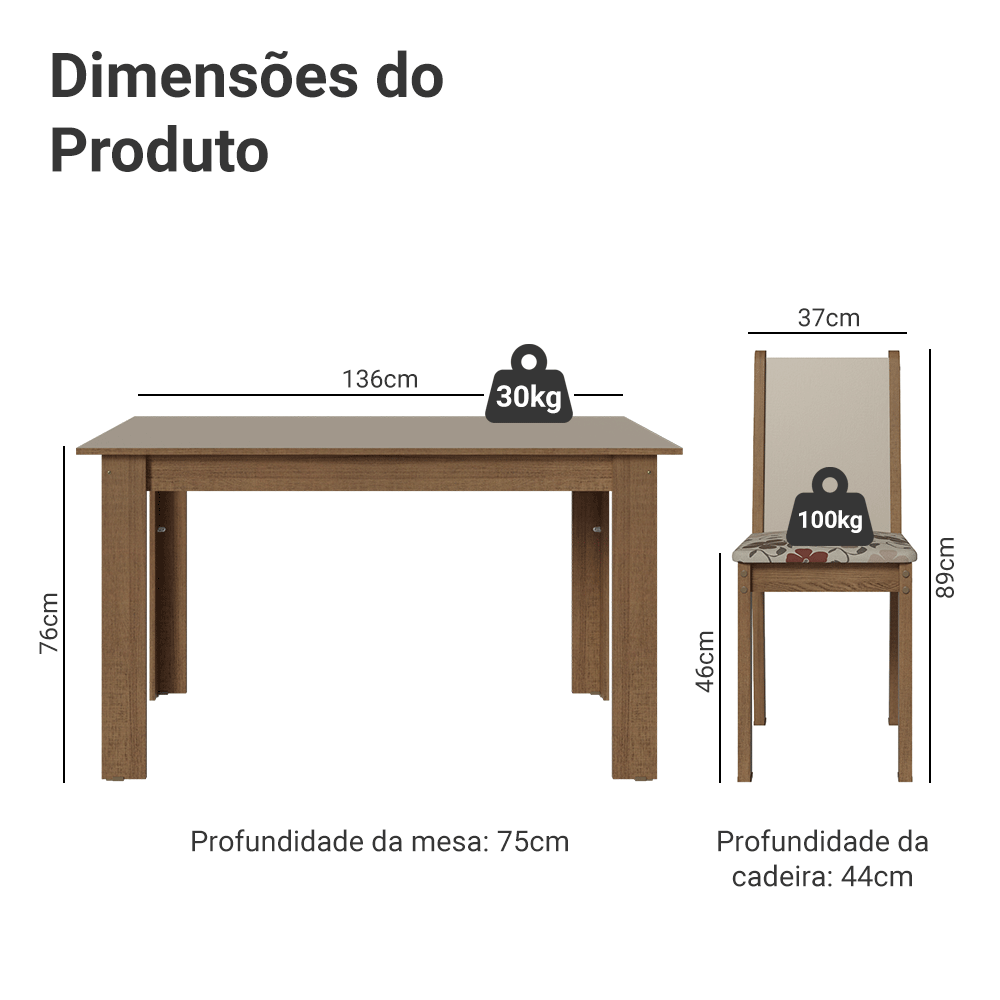 Conjunto Sala de Jantar Alva Mesa Tampo de Madeira 4 Cadeiras Rustic/Crema/Floral Hibiscos Madesa