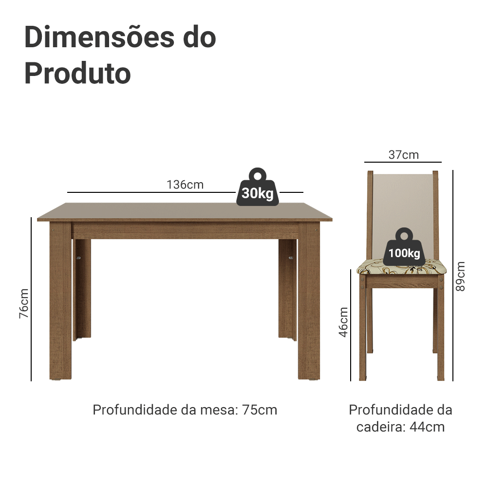 Conjunto Sala de Jantar Alva Mesa Tampo de Madeira 4 Cadeiras Rustic/Crema/Lírio Bege Madesa