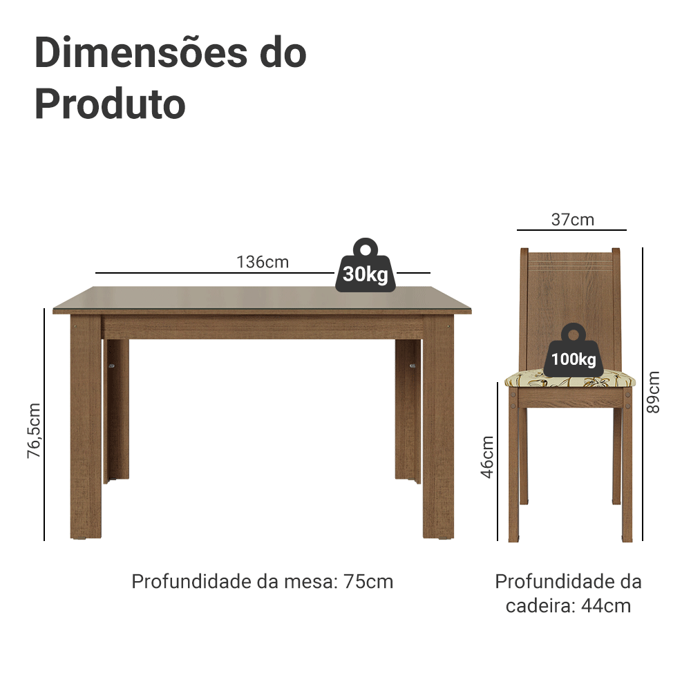 Conjunto Sala de Jantar Avelã Mesa Tampo de Vidro 4 Cadeiras Rustic/Crema/Lírio Bege Madesa