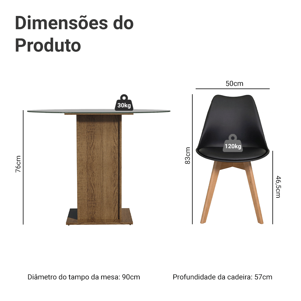 Conjunto Sala de Jantar Denali Mesa Tampo de Vidro 4 Cadeiras Rustic/Preto Madesa