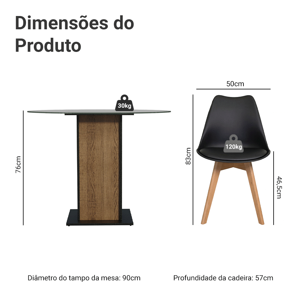 Conjunto Sala de Jantar Denali Mesa Tampo de Vidro 4 Cadeiras Preto/Rustic/Preto Madesa