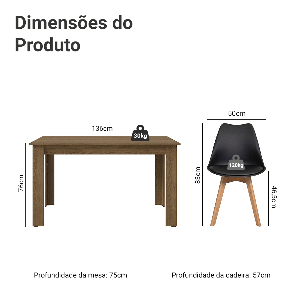 Conjunto Sala de Jantar Garda Mesa Tampo de Madeira 4 Cadeiras Rustic/Preto Madesa