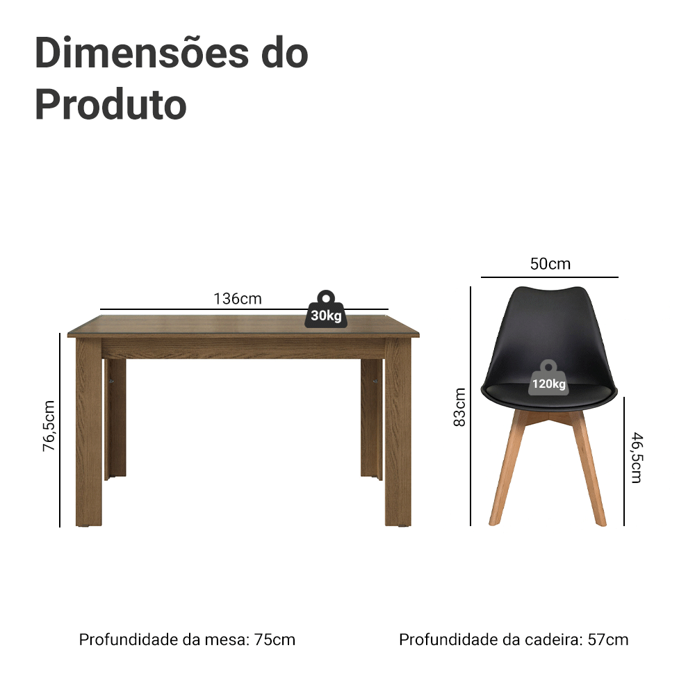 Conjunto Sala de Jantar Toscana Mesa Tampo de Vidro 4 Cadeiras Rustic/Preto Madesa