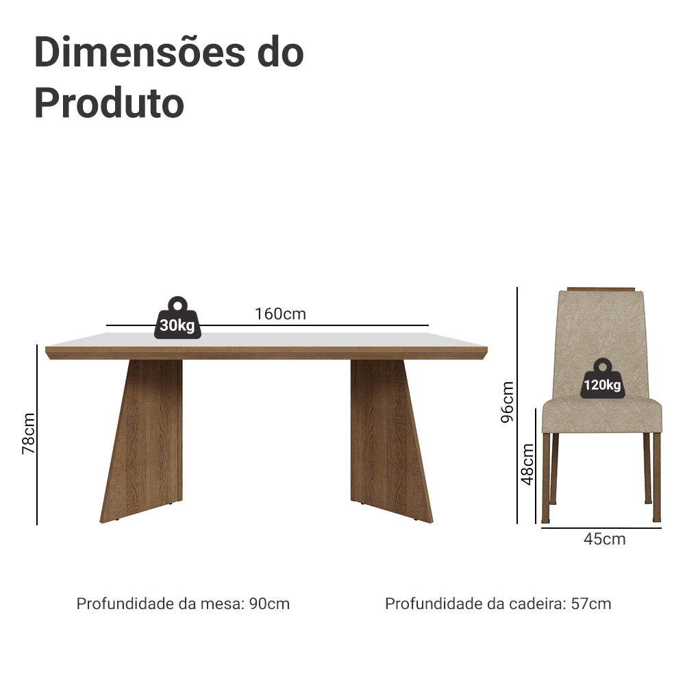 Conjunto Sala de Jantar Tampo de Madeira 4 Cadeiras Rustic/Branco/Imperial Arles Madesa