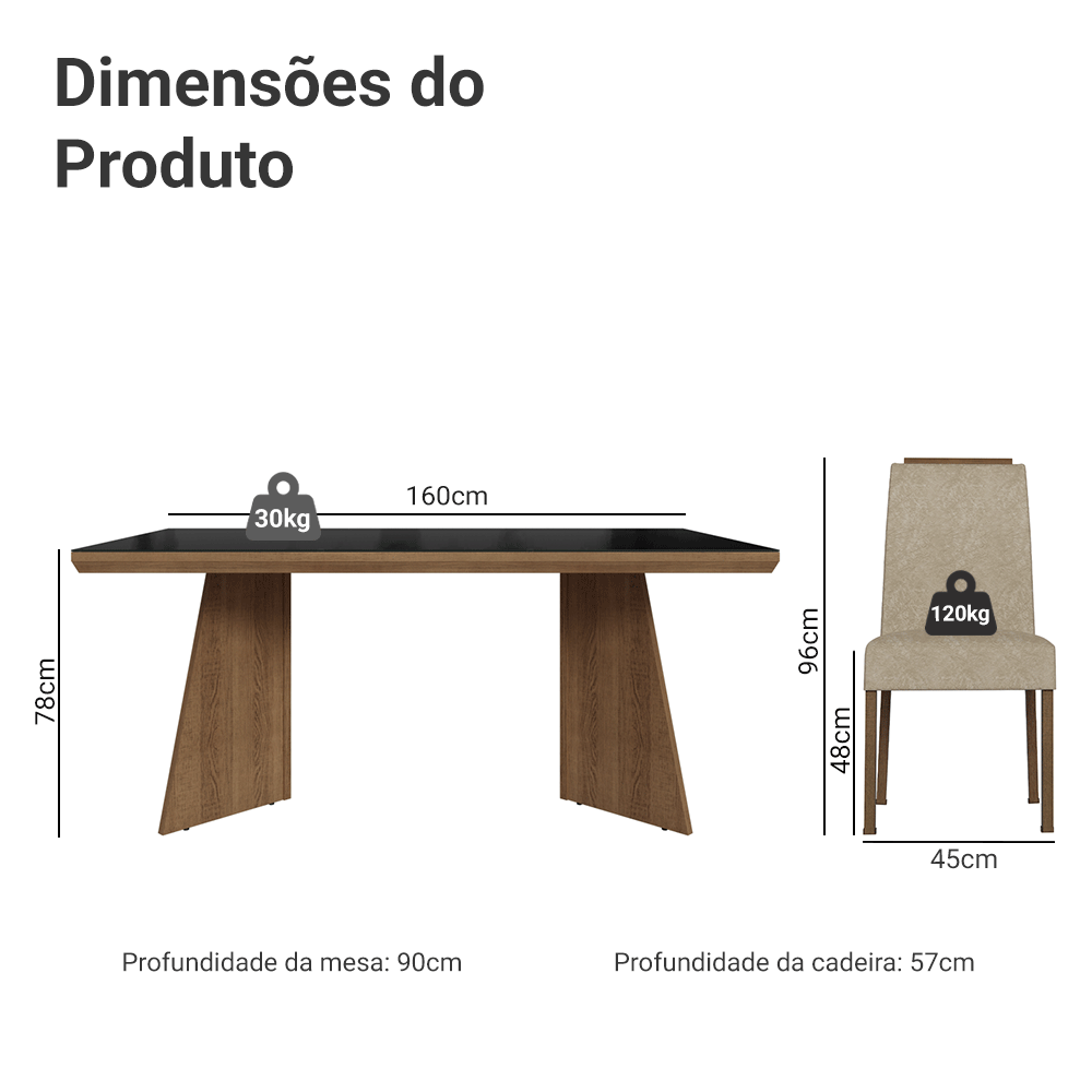Conjunto Sala de Jantar Tampo com Vidro 4 Cadeiras Rustic/Preto/Imperial Todi Madesa