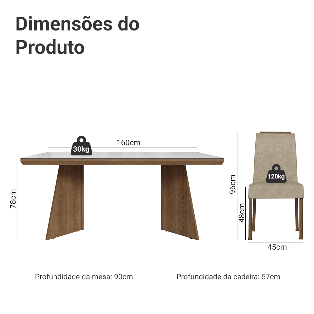 Conjunto Sala de Jantar Tampo com Vidro 4 Cadeiras Rustic/Branco/Imperial Todi Madesa