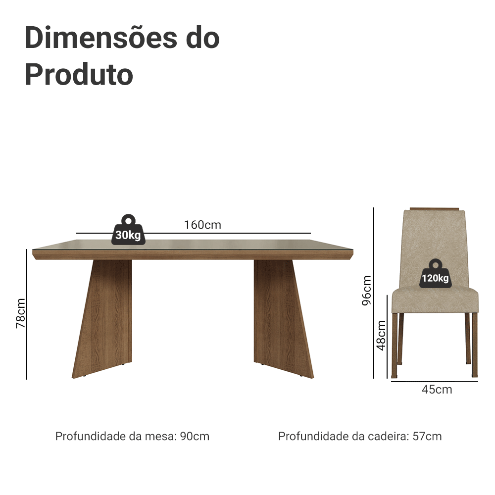 Conjunto Sala de Jantar Tampo com Vidro 4 Cadeiras Rustic/Crema/Imperial Todi Madesa