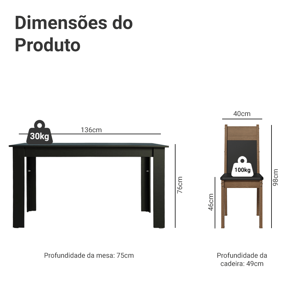 Conjunto Sala de Jantar Mesa Tampo de Madeira com 6 Cadeiras Preto/Rustic/Sintético Preto Madesa Medelin