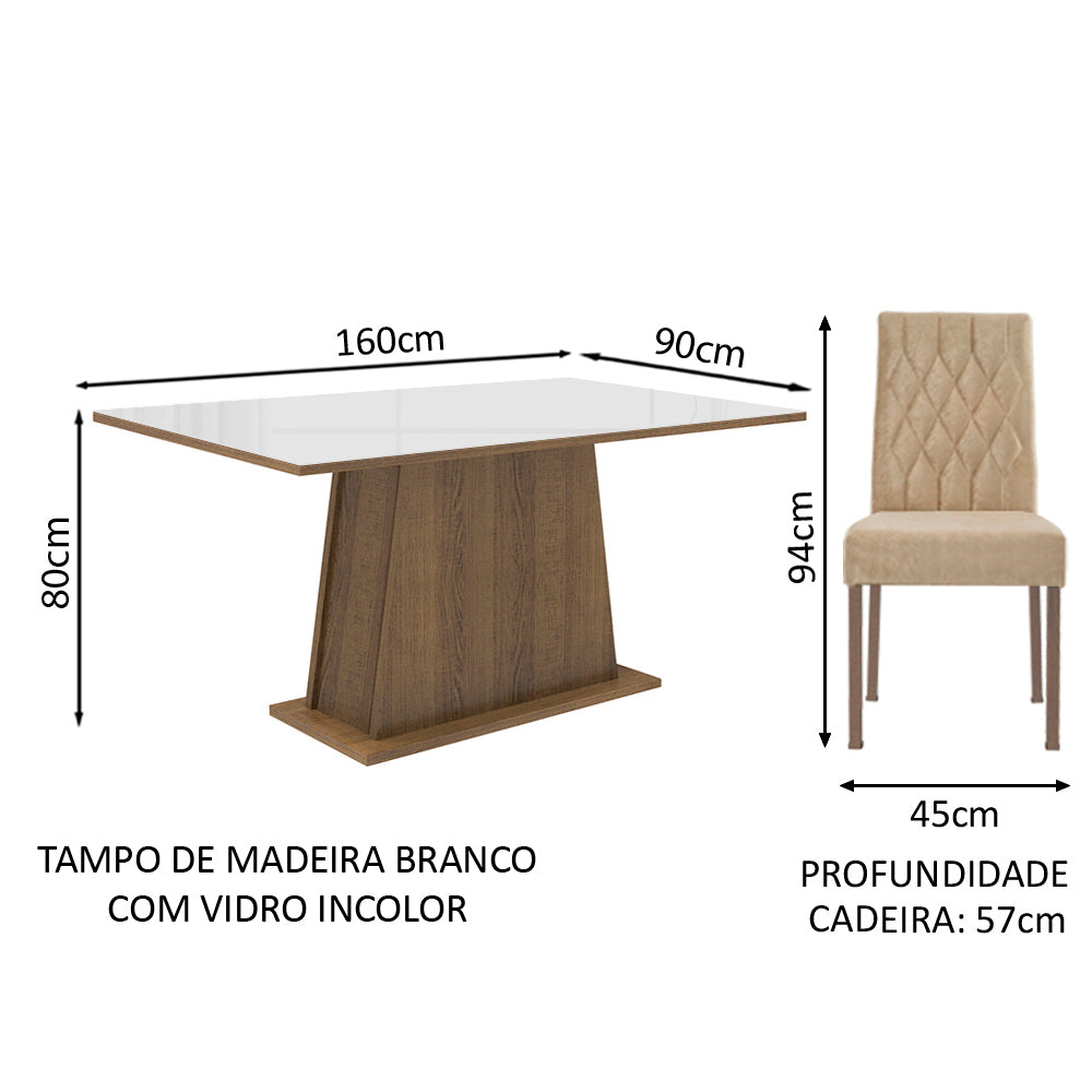 Conjunto Sala de Jantar Madesa Rafaela Mesa Tampo de Vidro com 6 Cadeiras Rustic/Branco/Imperial