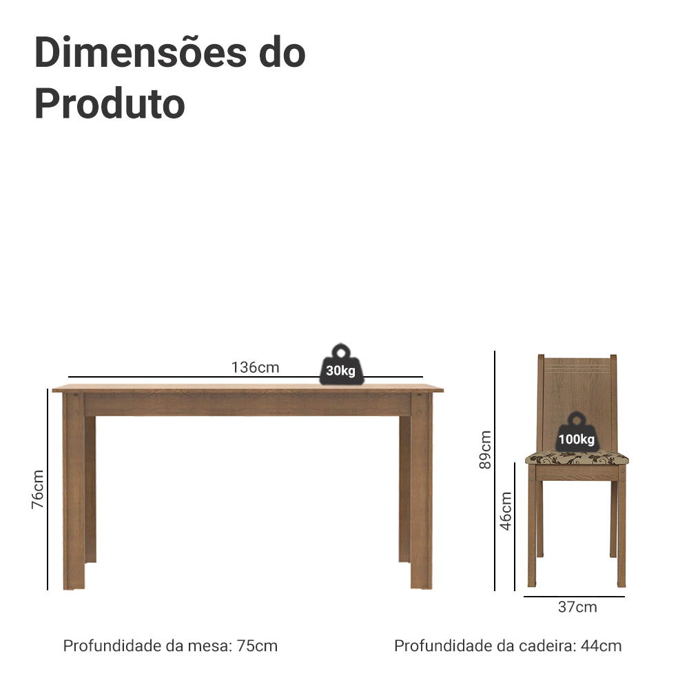 Conjunto Sala de Jantar Mesa Tampo de Madeira com 6 Cadeiras Rustic/Bege Marrom Madesa Analu