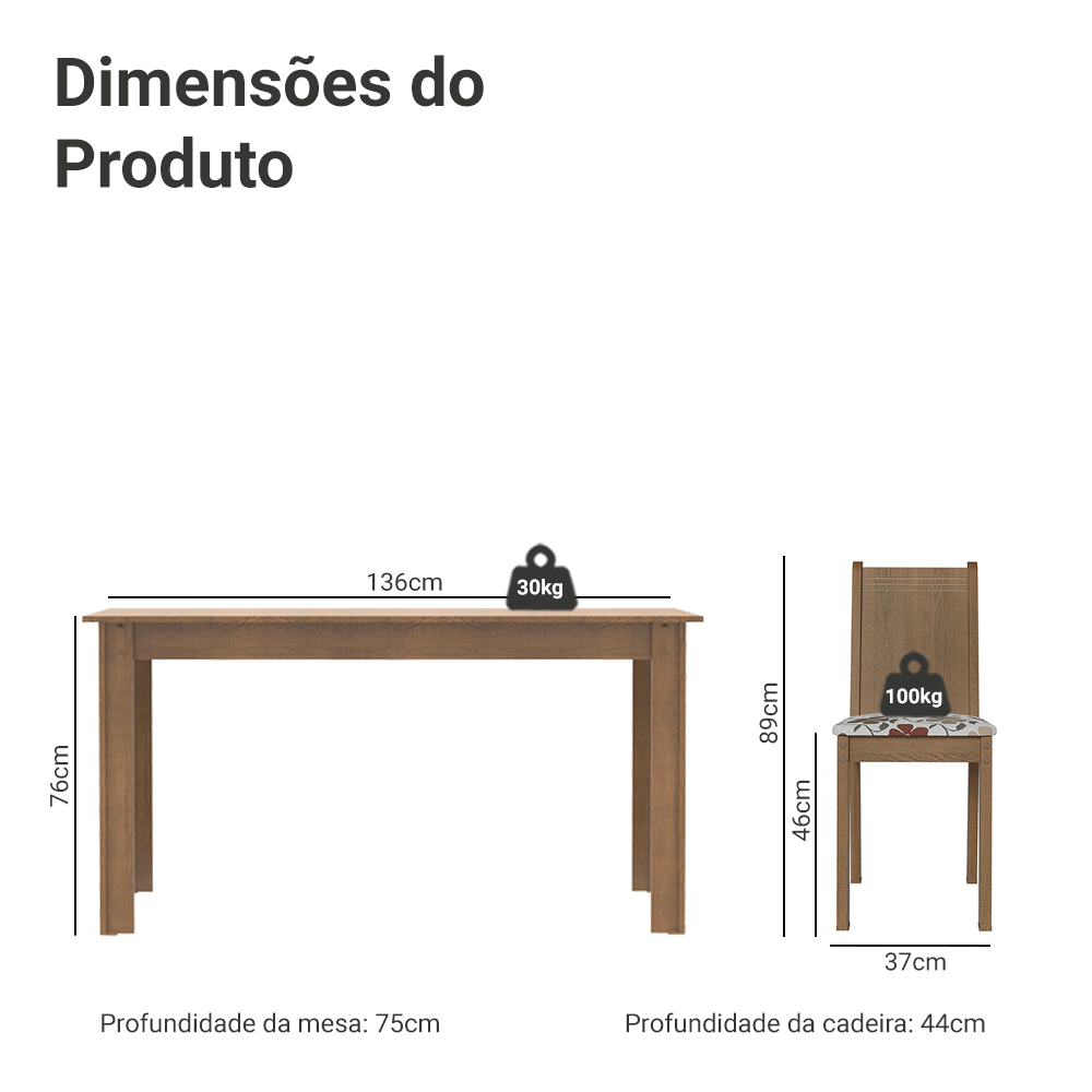 Conjunto Sala de Jantar Madesa Analu Mesa Tampo de Madeira com 6 Cadeiras Rustic/Floral Hibiscos