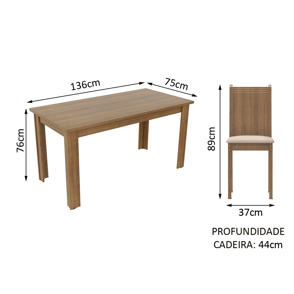 Conjunto Sala de Jantar Madesa Analu Mesa Tampo de Madeira com 6 Cadeiras Rustic/Sintético Bege