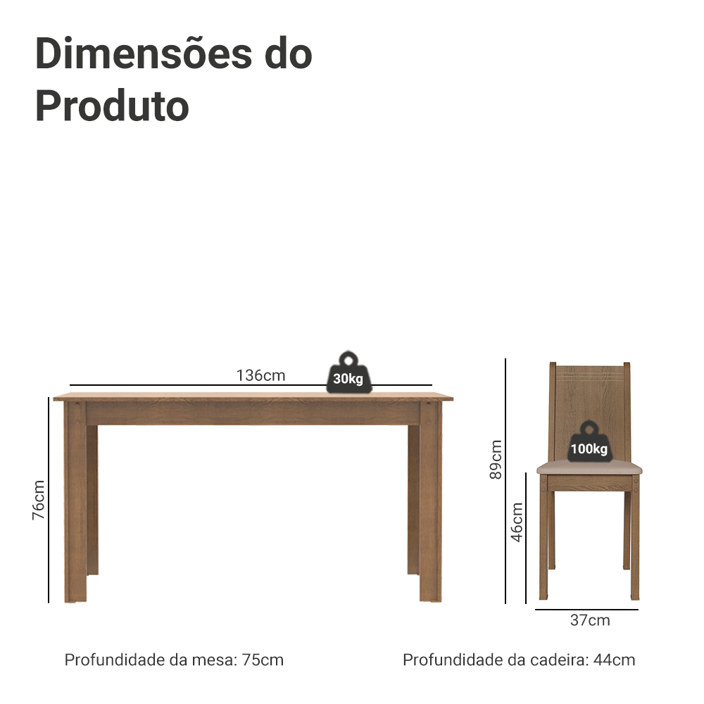 Conjunto Sala de Jantar Madesa Analu Mesa Tampo de Madeira com 6 Cadeiras Rustic/Sintético Bege