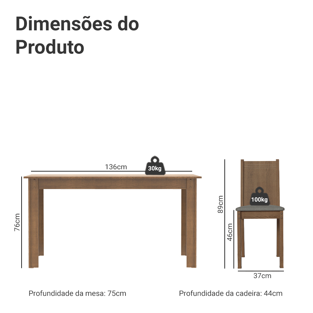 Conjunto Sala de Jantar Mesa Tampo de Madeira 6 Cadeiras Rustic/Silver Analu Madesa