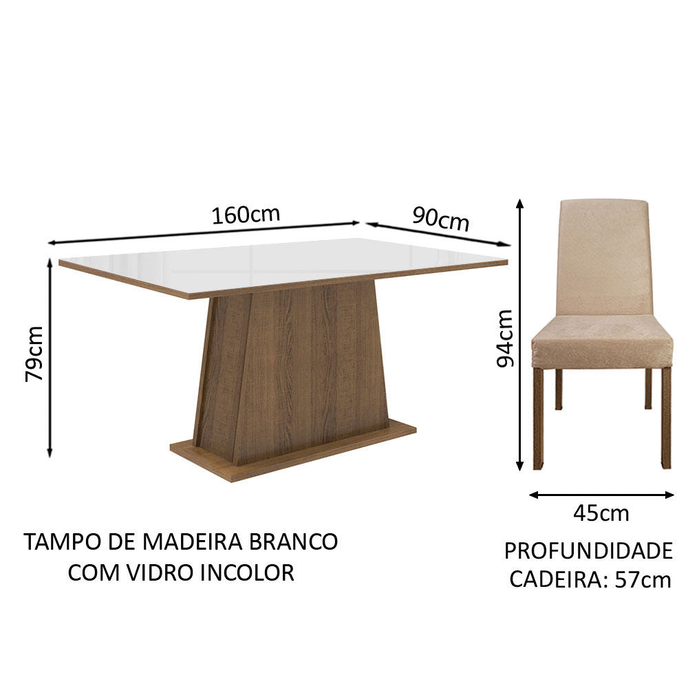 Conjunto Sala de Jantar Madesa Patricia Mesa Tampo de Vidro com 6 Cadeiras Rustic/Branco/Imperial