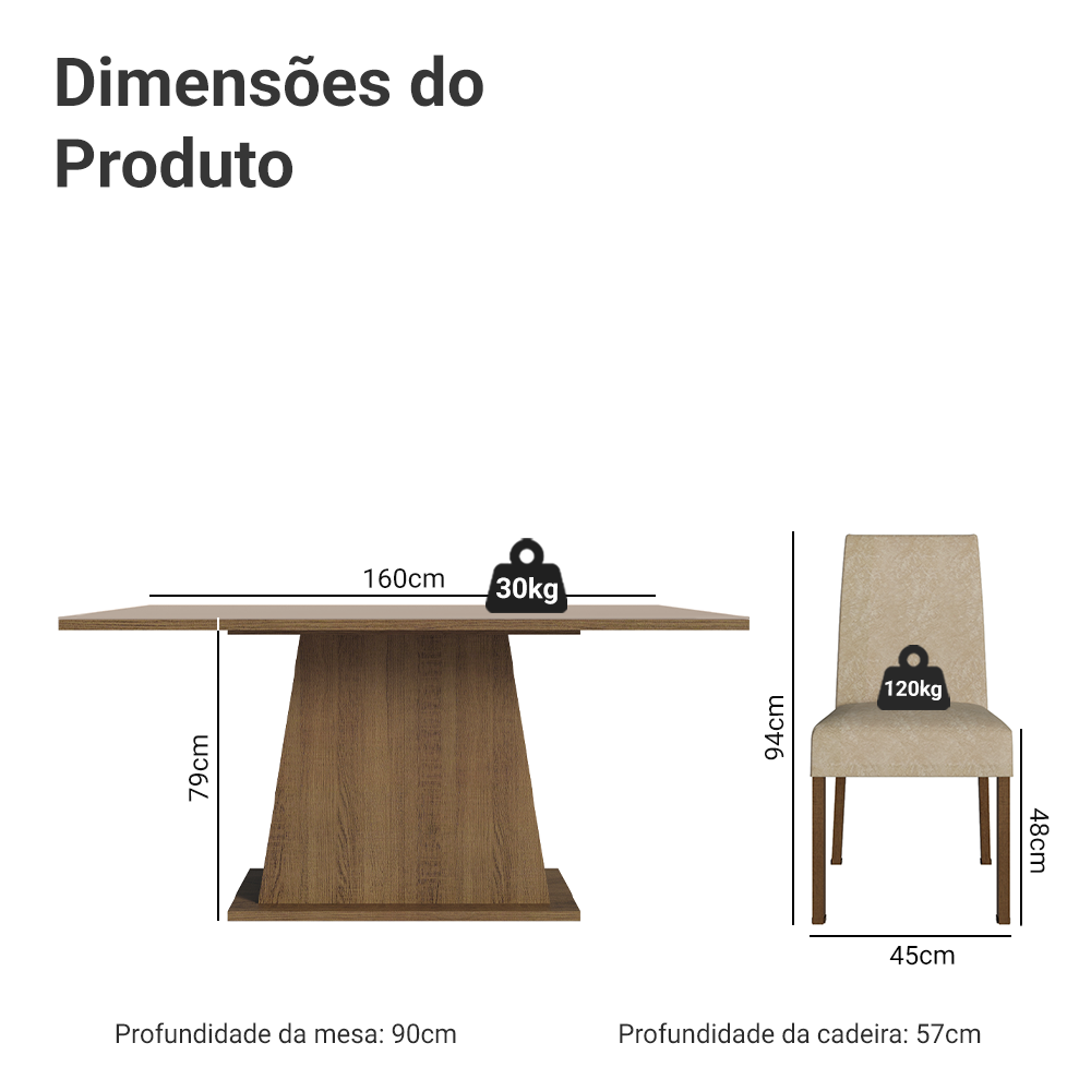 Conjunto Sala de Jantar Madesa Patricia Mesa Tampo de Vidro com 6 Cadeiras Rustic/Crema/Imperial