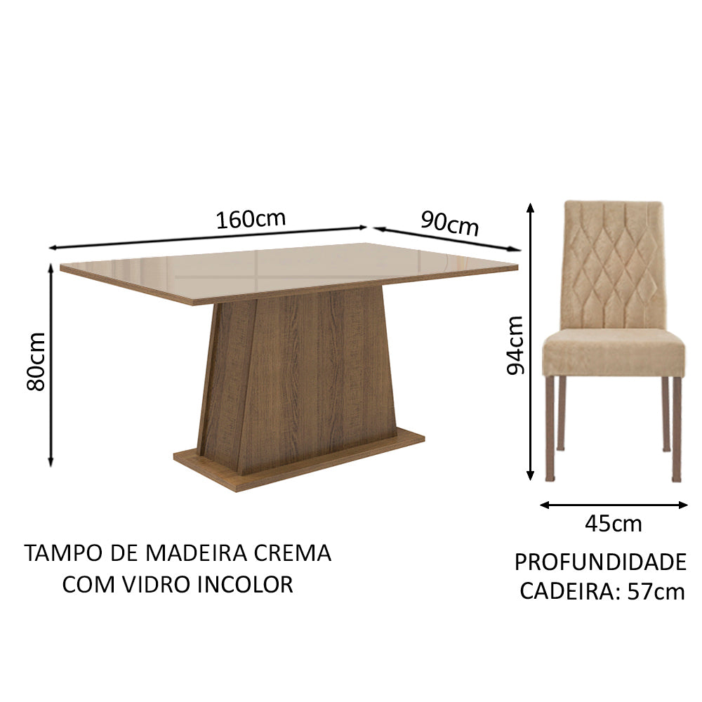 Conjunto Sala de Jantar Mesa Tampo de Vidro 6 Cadeiras Rustic/Crema/Imperial Stéfani Madesa