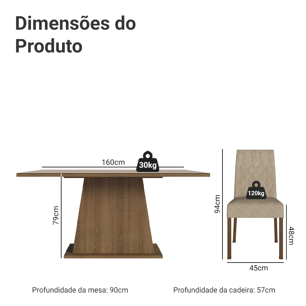 Conjunto Sala de Jantar Mesa Tampo de Vidro 6 Cadeiras Rustic/Crema/Imperial Stéfani Madesa