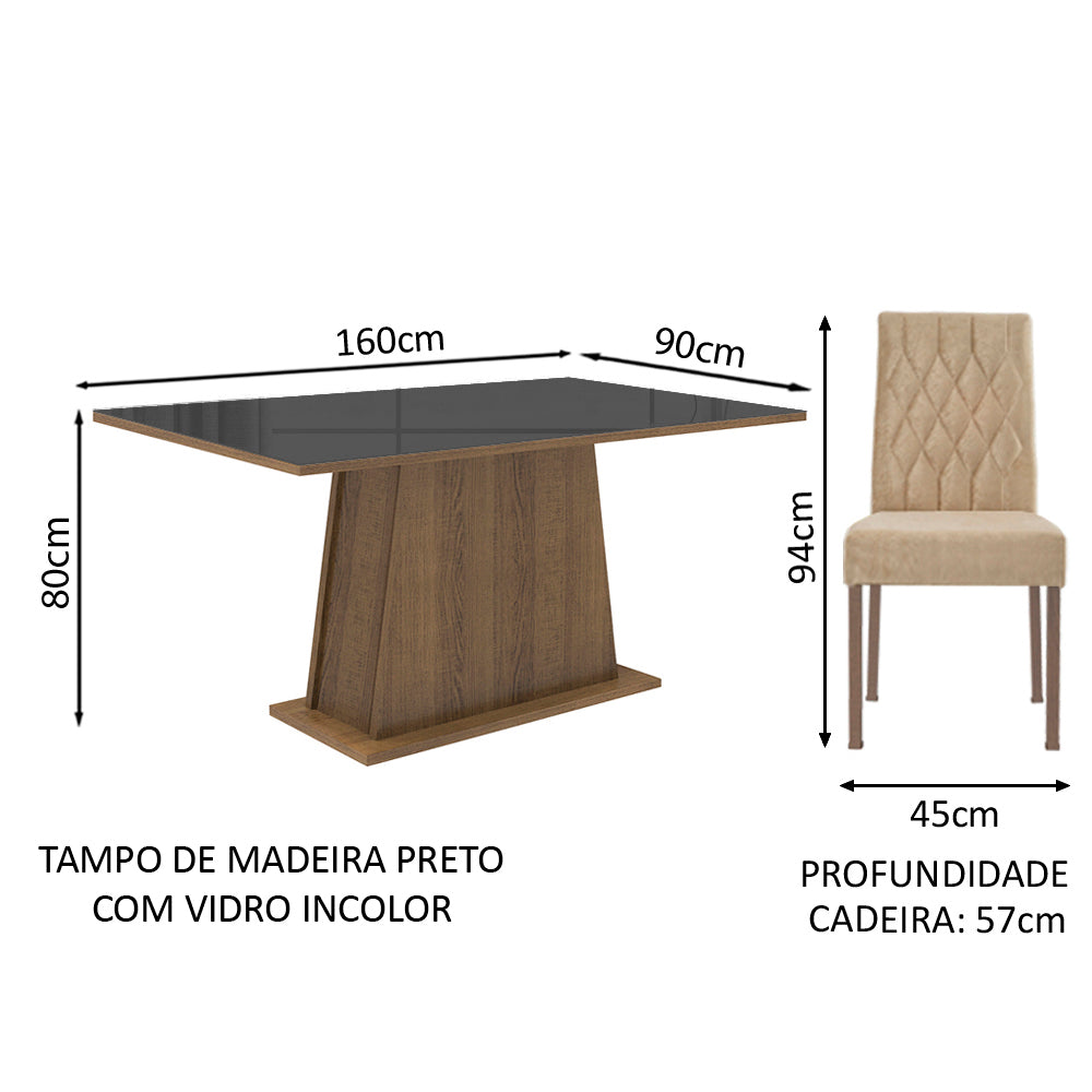 Conjunto Sala de Jantar Mesa Tampo de Vidro 6 Cadeiras Rustic/Preto/Imperial Stéfani Madesa