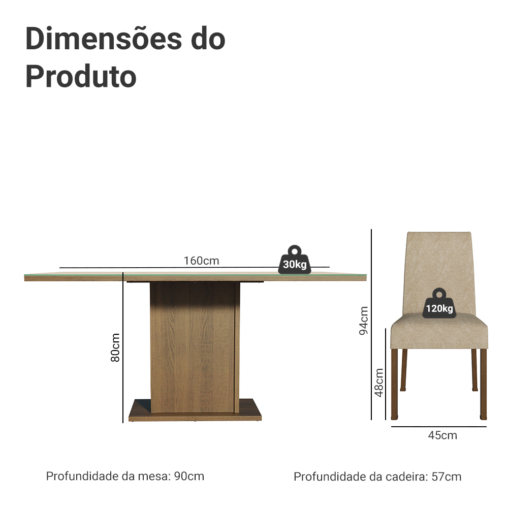 Conjunto Sala de Jantar Mesa Tampo de Vidro 6 Cadeiras Rustic/Crema/Imperial Alexis Madesa