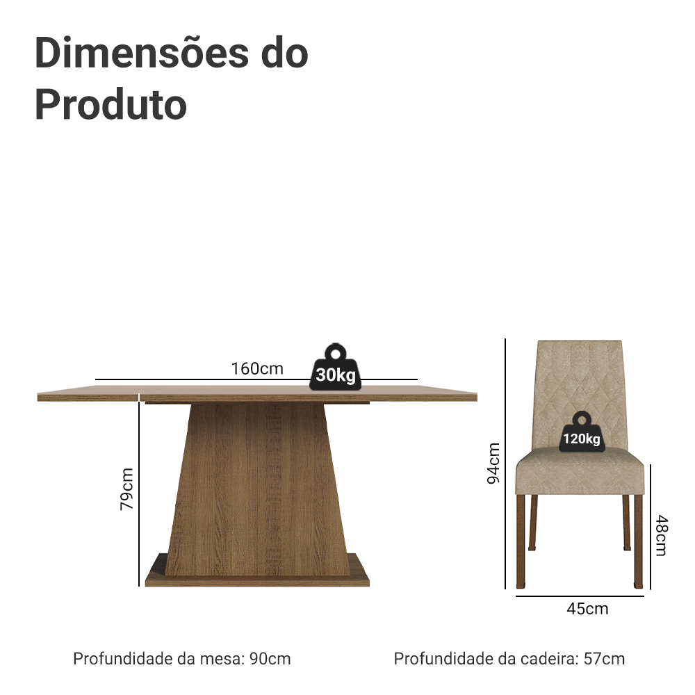 Conjunto Sala de Jantar Mesa Tampo de Madeira 6 Cadeiras Rustic/Crema/Imperial Britney Madesa
