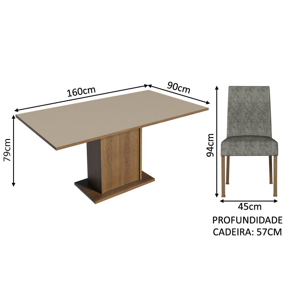Conjunto Sala de Jantar Mesa Tampo de Madeira 6 Cadeiras Rustic/Crema/Silver Renata Madesa