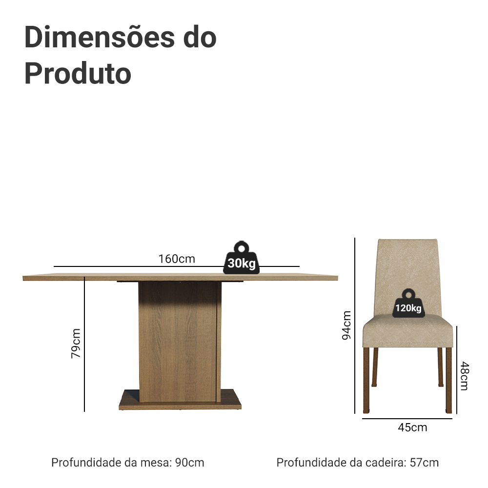 Conjunto Sala de Jantar Mesa Tampo de Madeira 6 Cadeiras Rustic/Crema/Imperial Renata Madesa