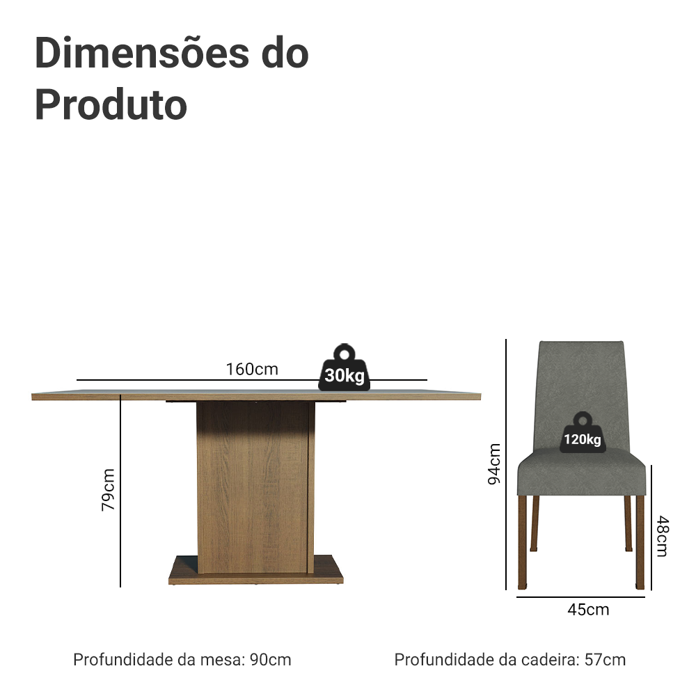 Conjunto Sala de Jantar Mesa Tampo de Madeira 6 Cadeiras Rustic/Cinza/Silver Renata Madesa