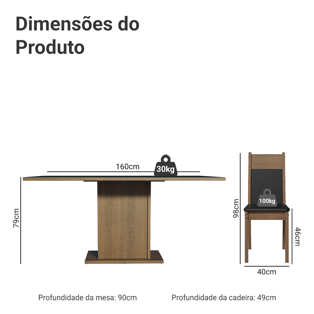 Conjunto Sala de Jantar Mesa Tampo de Madeira 6 Cadeiras Preto/Rustic Augusta Madesa