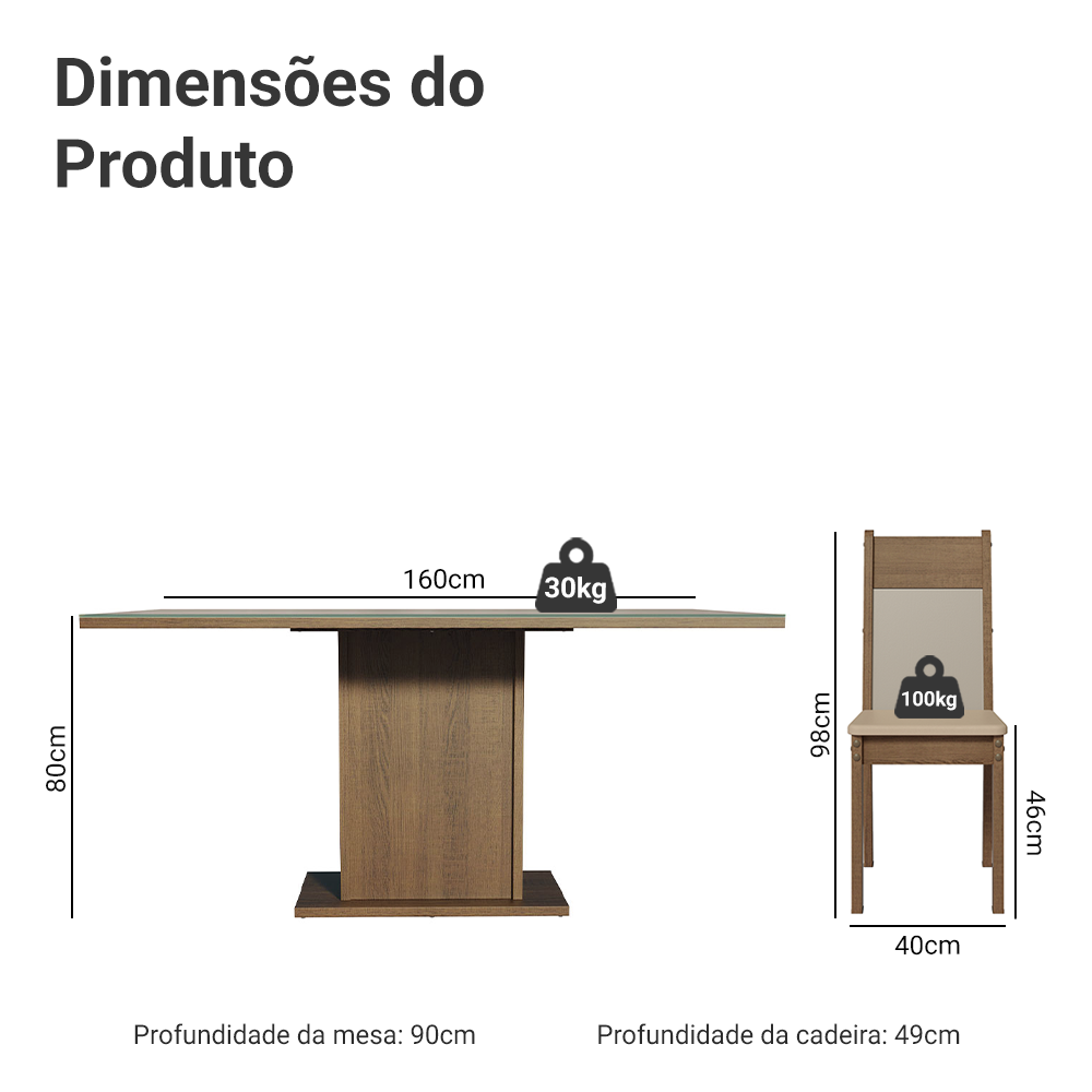 Conjunto Sala de Jantar Mesa Tampo de Vidro 6 Cadeiras Crema/Rustic/Bege Francine Madesa