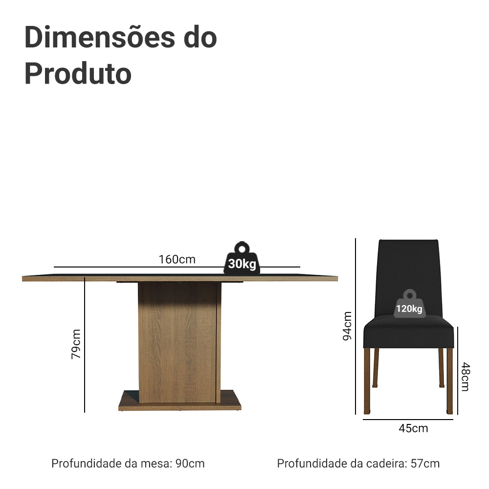 Conjunto Sala de Jantar Mesa Tampo de Madeira 6 Cadeiras Rustic/Preto/Oxford Renata Madesa
