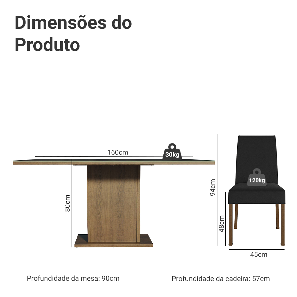 Conjunto Sala de Jantar Mesa Tampo de Vidro 6 Cadeiras Rustic/Preto/Oxford Alexis Madesa