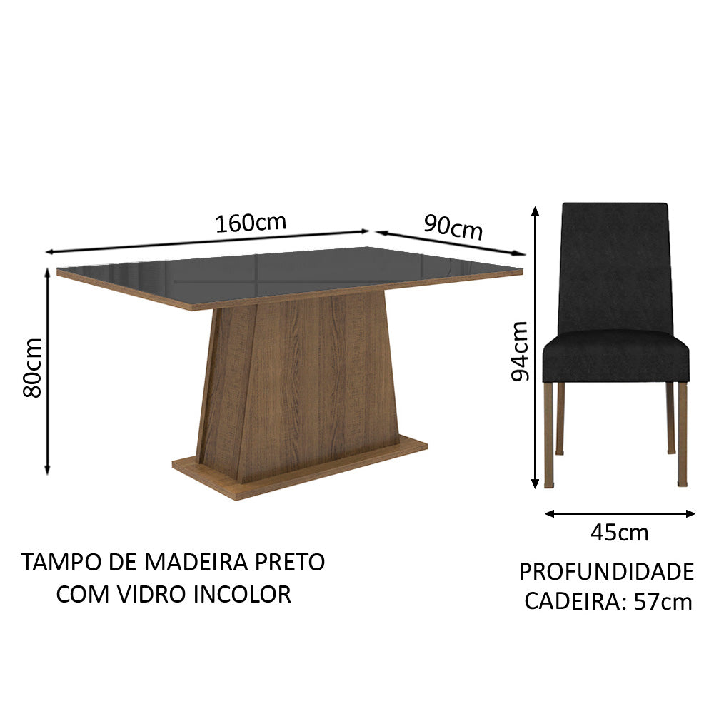 Conjunto Sala de Jantar Mesa Tampo de Vidro  6 Cadeiras Rustic/Preto/Oxford Patricia Madesa