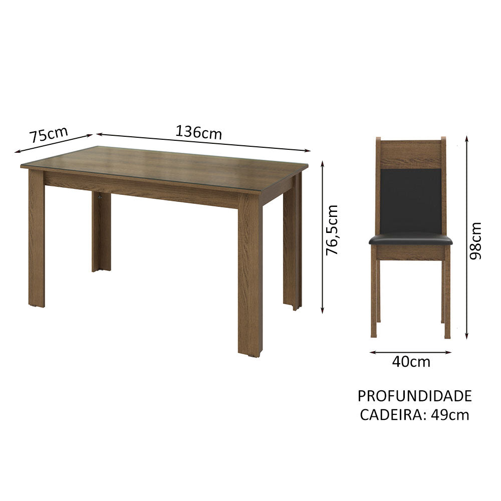 Conjunto Sala de Jantar Mesa Tampo de Vidro 6 Cadeiras Rustic/Preto Zoe Madesa