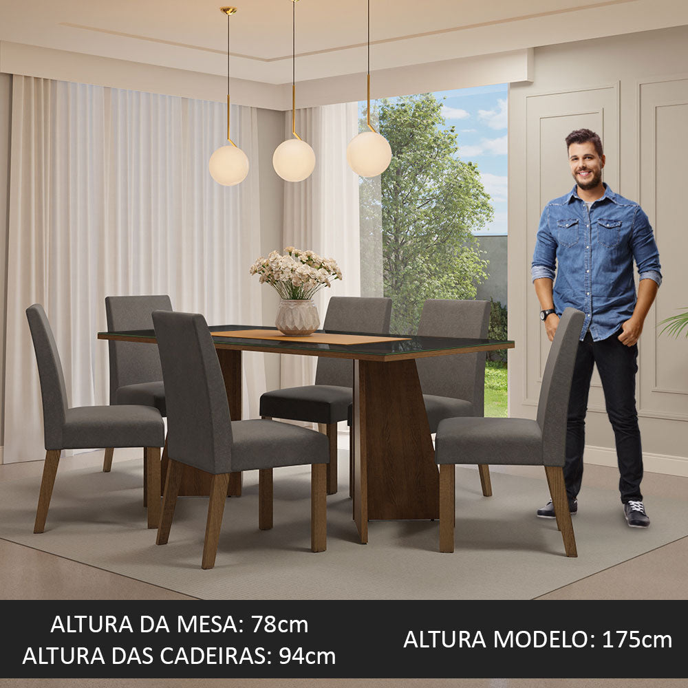 Conjunto Sala de Jantar Mesa Tampo de Vidro 6 Cadeiras Rustic/Preto/Silver Valerie Madesa