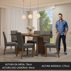 Conjunto Sala de Jantar Mesa Tampo de Vidro 6 Cadeiras Rustic/Preto/Silver Valerie Madesa