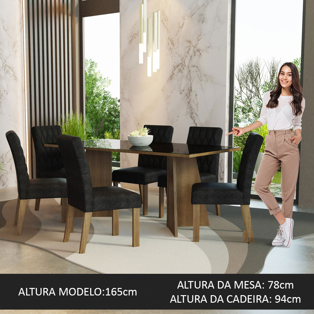 Conjunto Sala de Jantar Mesa Tampo de Vidro 6 Cadeiras Rustic/Preto/Oxford Marissa Madesa