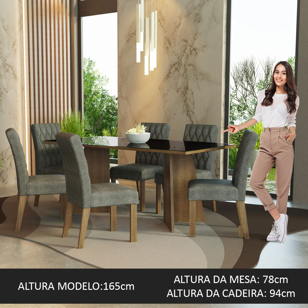 Conjunto Sala de Jantar Mesa Tampo de Vidro 6 Cadeiras Rustic/Preto/Silver Marissa Madesa