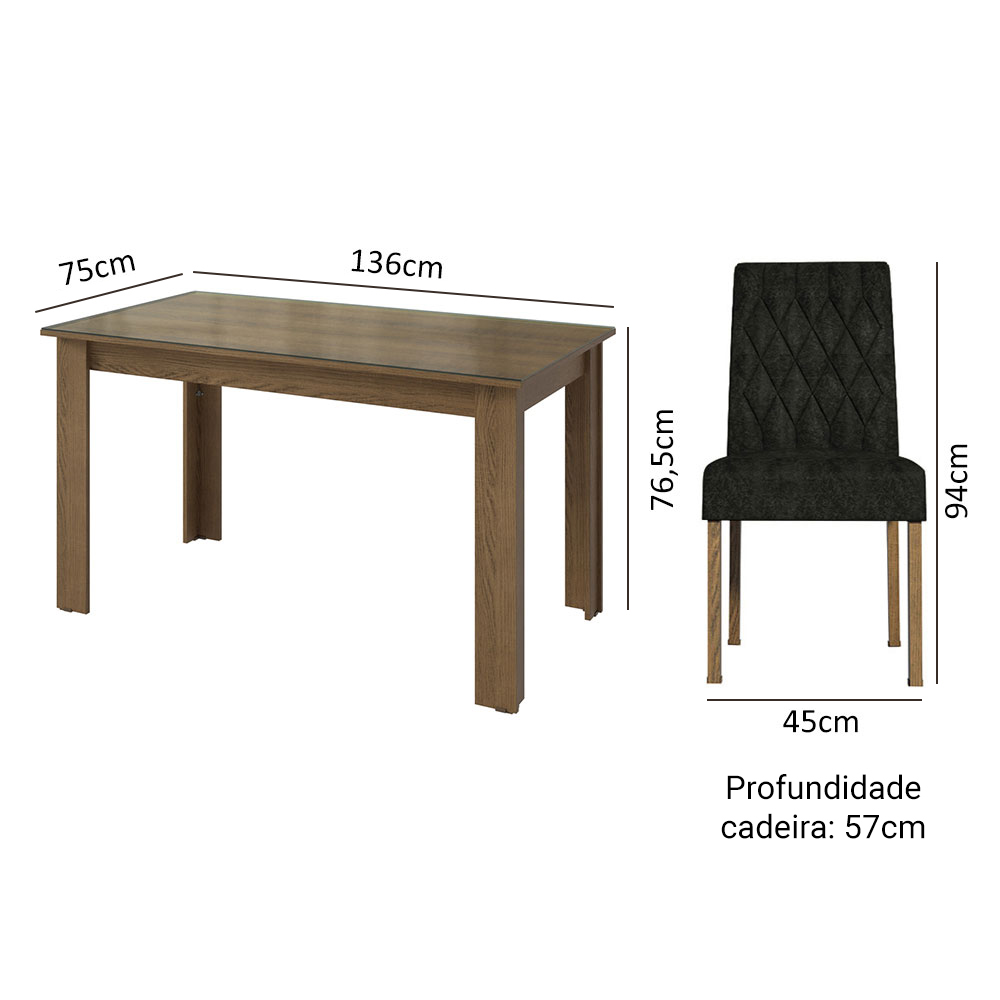 Conjunto Sala de Jantar Mesa Tampo de Vidro 6 Cadeiras Rustic/Oxford Odara Madesa