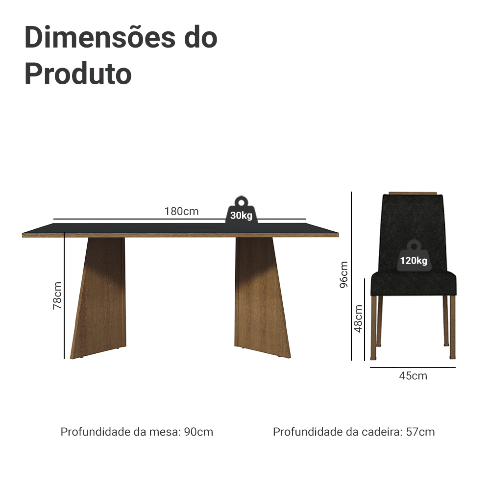Conjunto Sala de Jantar Tampo de Madeira 6 Cadeiras Rustic/Preto/Oxford Minsk Madesa