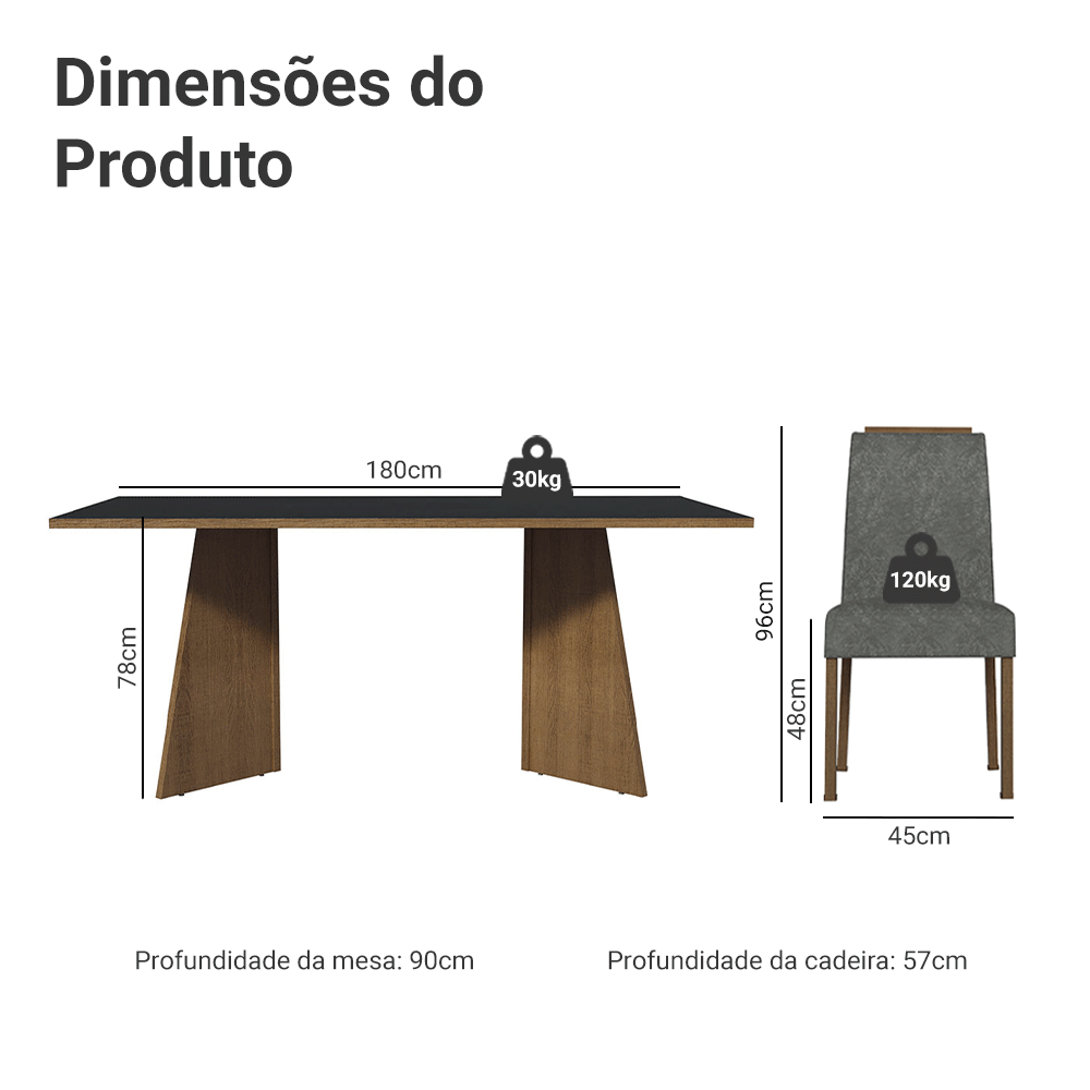 Conjunto Sala de Jantar Tampo de Madeira 6 Cadeiras Rustic/Preto/Silver Minsk Madesa