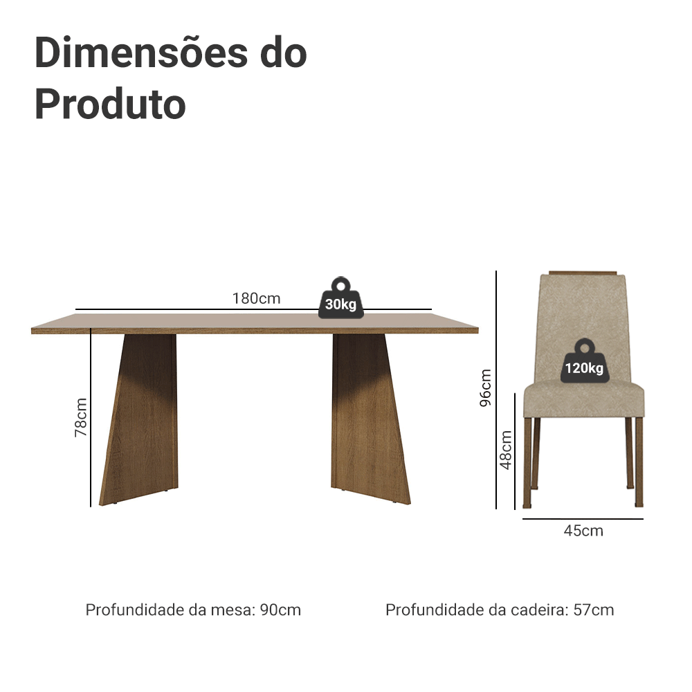 Conjunto Sala de Jantar Tampo de Madeira 6 Cadeiras Rustic/Crema/Imperial Minsk Madesa