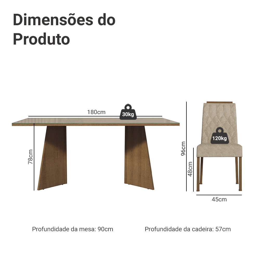 Conjunto Sala de Jantar Tampo de Vidro 6 Cadeiras Rustic/Crema/Imperial Siena Madesa