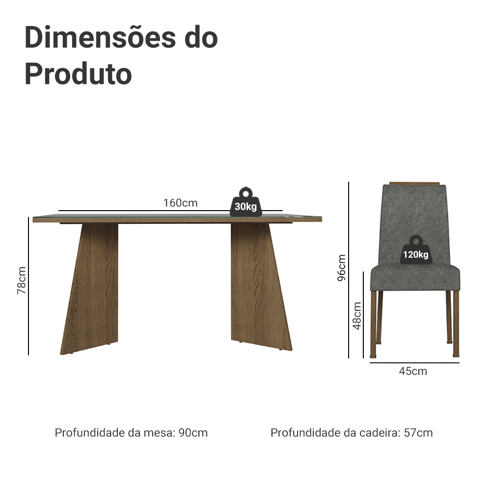 Conjunto Sala de Jantar Tampo de Vidro 6 Cadeiras Rustic/Cinza/Silver Madrid Madesa