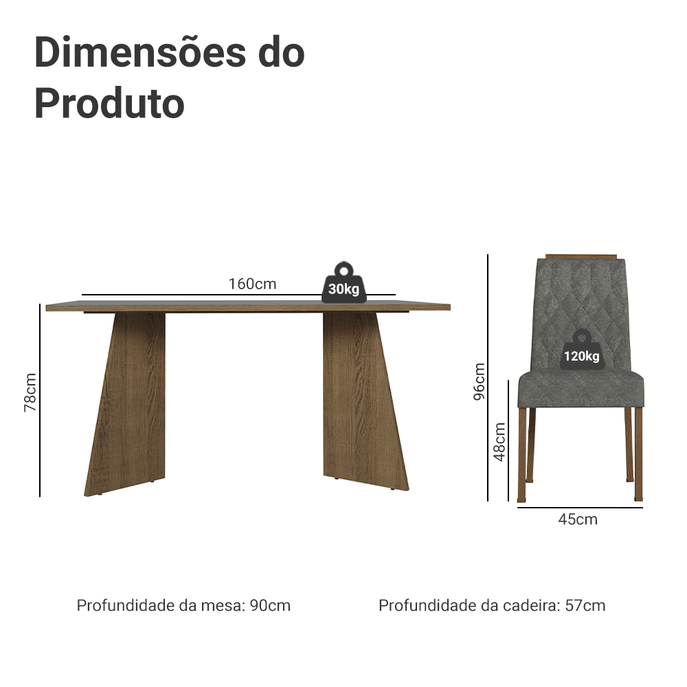 Conjunto Sala de Jantar Tampo de Madeira 6 Cadeiras Rustic/Cinza/Silver Leon Madesa