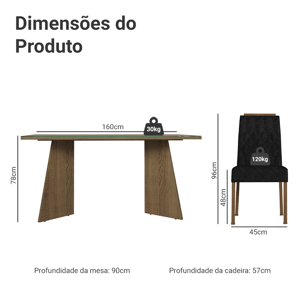 Conjunto Sala de Jantar Tampo de Vidro 6 Cadeiras Rustic/Oxford Sintra Madesa